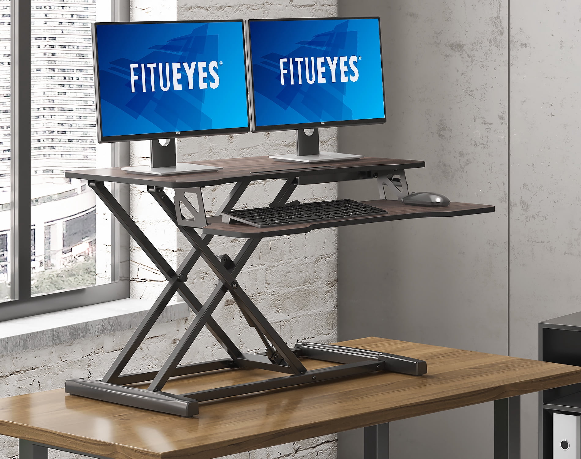 FITUEYES Standing Desk Converter 32inch Stand Up Desk Tabletop Workstation for Dual Monitor Riser SD308002WE-T