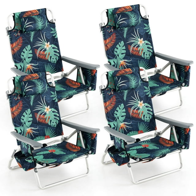 Patiojoy 4-Pack Folding Backpack Beach Chair 5-Position Outdoor Reclining Chairs with Pillow Dark Green