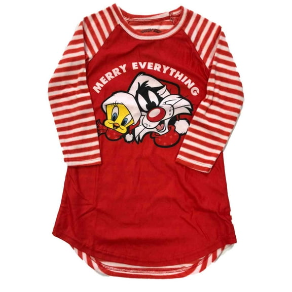 Girls Red Sylvester The Cat & Tweety Bird Nightgown Christmas Sleep Shirt XS 4-5