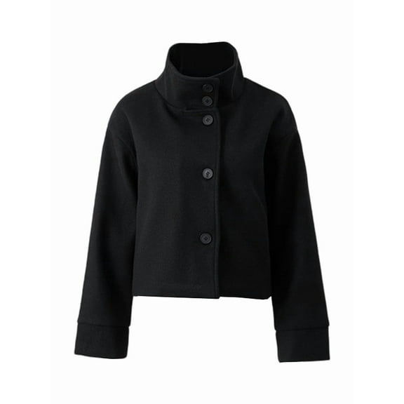 Women Crop Pea Coat Wool Blend Office Work Stand Collar Winter Jacket Trench Coat with Pocket Black M