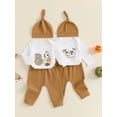 thumbnail image 3 of Elippeo Baby Boy Halloween Outfit 3 6 12 Months Ghost Print Long Sleeve Round Neck Romper with Solid Pants and Hat 3 Pcs Set, 3 of 9