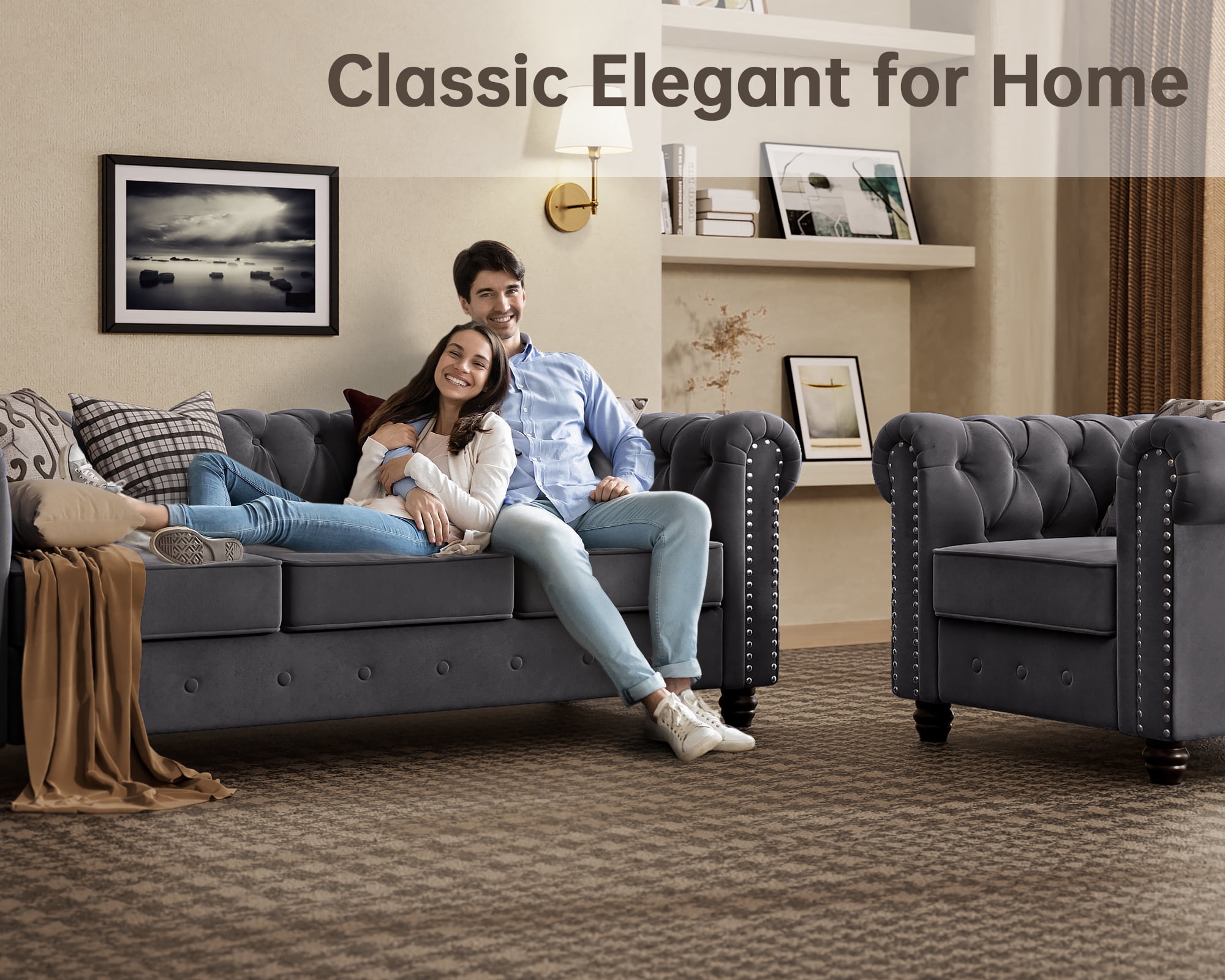 Morden Fort Chesterfield Chair Loveseat and Sofa Set, 3 Pieces Living Room Velvet Couch Set, Grey