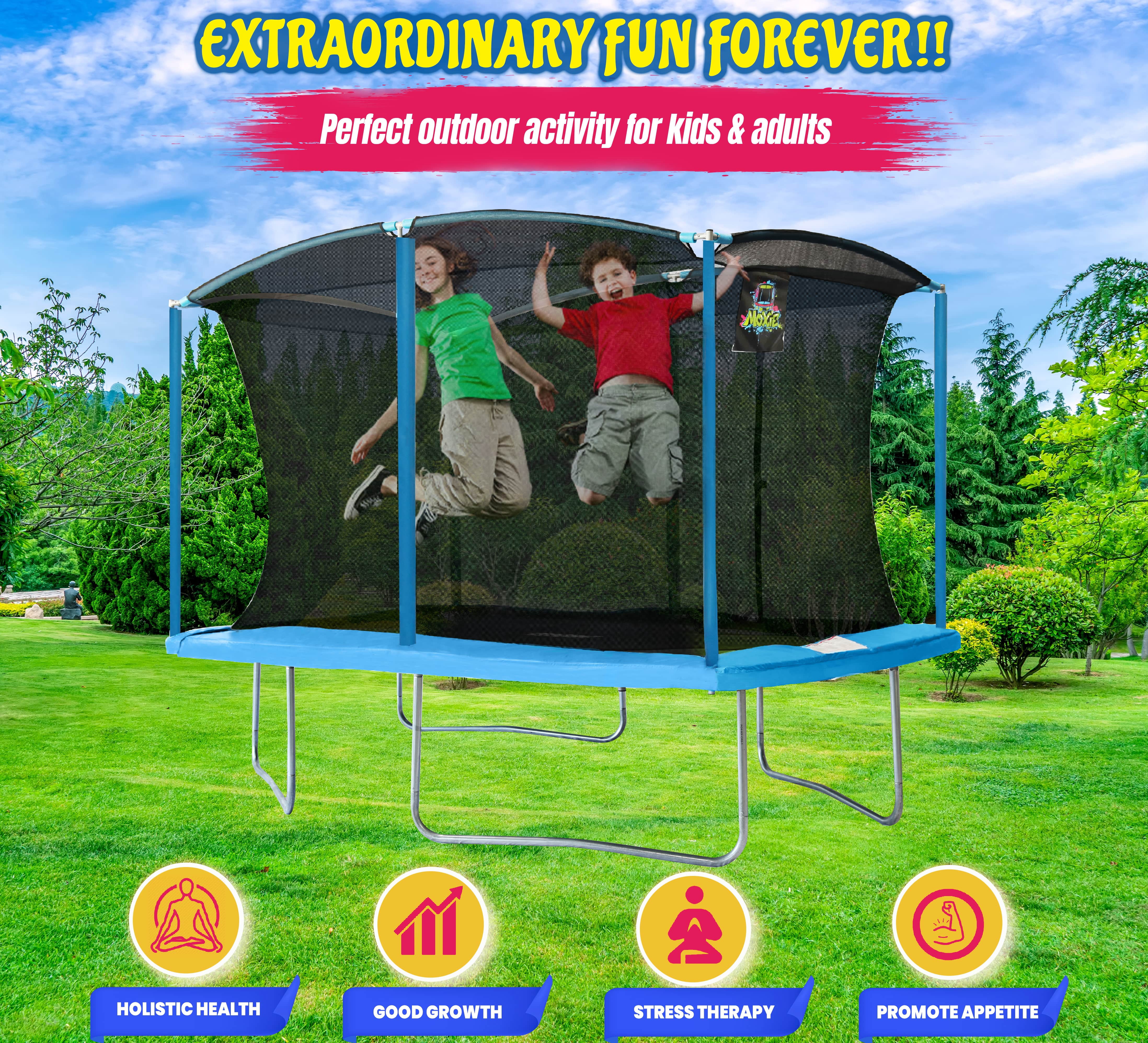 Machrus Moxie 8 x 12 FT Rectangular Outdoor Trampoline Set with Premium Safety Enclosure – Gymnastics Rectangular Trampoline for Kids and Adults- Cyan Blue