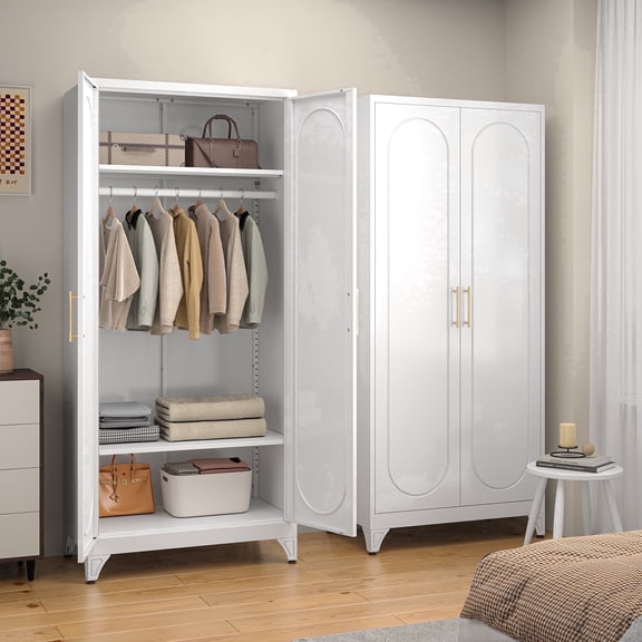 Polup 71" H Adult Metal Armoire Wardrobe Closet with Hanging Rod, Adjustable Shelves, White