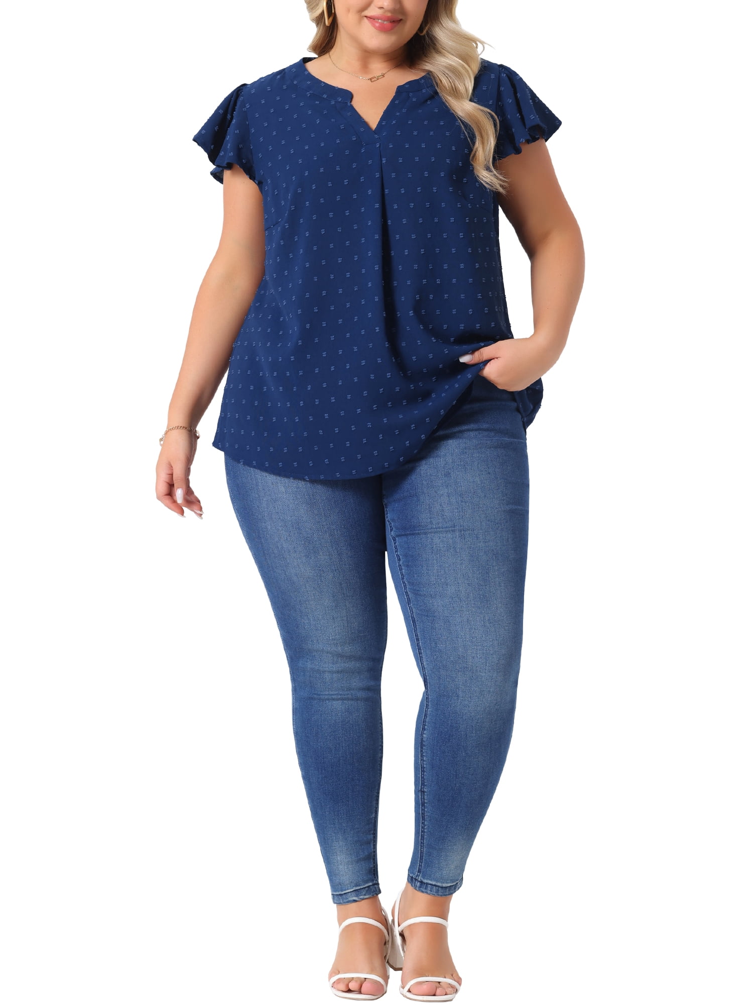 DARING DIVA Women's Plus Swiss Dots Notched Neck Ruffle Sleeve Top 4X Dark Blue
