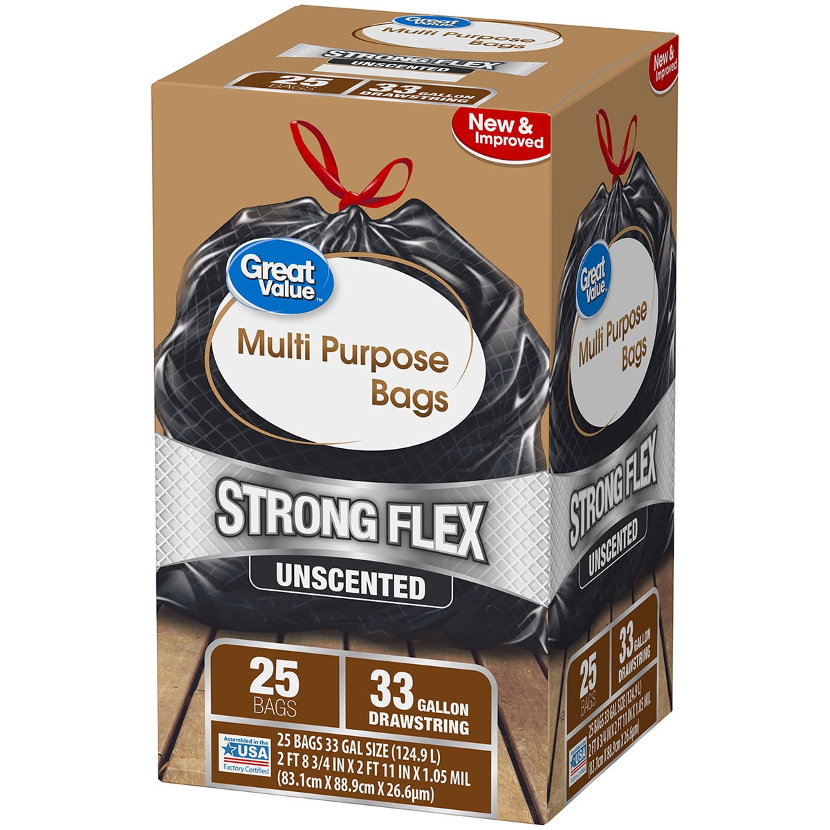 Great Value Strong Flex Multi-Purpose Drawstring Trash Bags, 33 Gallon, 25 Count