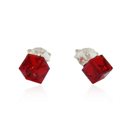 Cube Sterling Silver Earrings - 3.5 mm Red Crystal Cube .925 Sterling Silver Stud Earrings