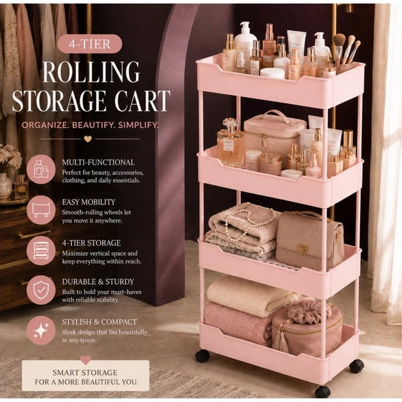 4-Tier Rolling Storage Cart with Wheels, Pink Mobile Utility Organizer, Multi-Layer Storage Cart for Bedroom, Bathroom, Laundry Room, Closet & Small Spaces