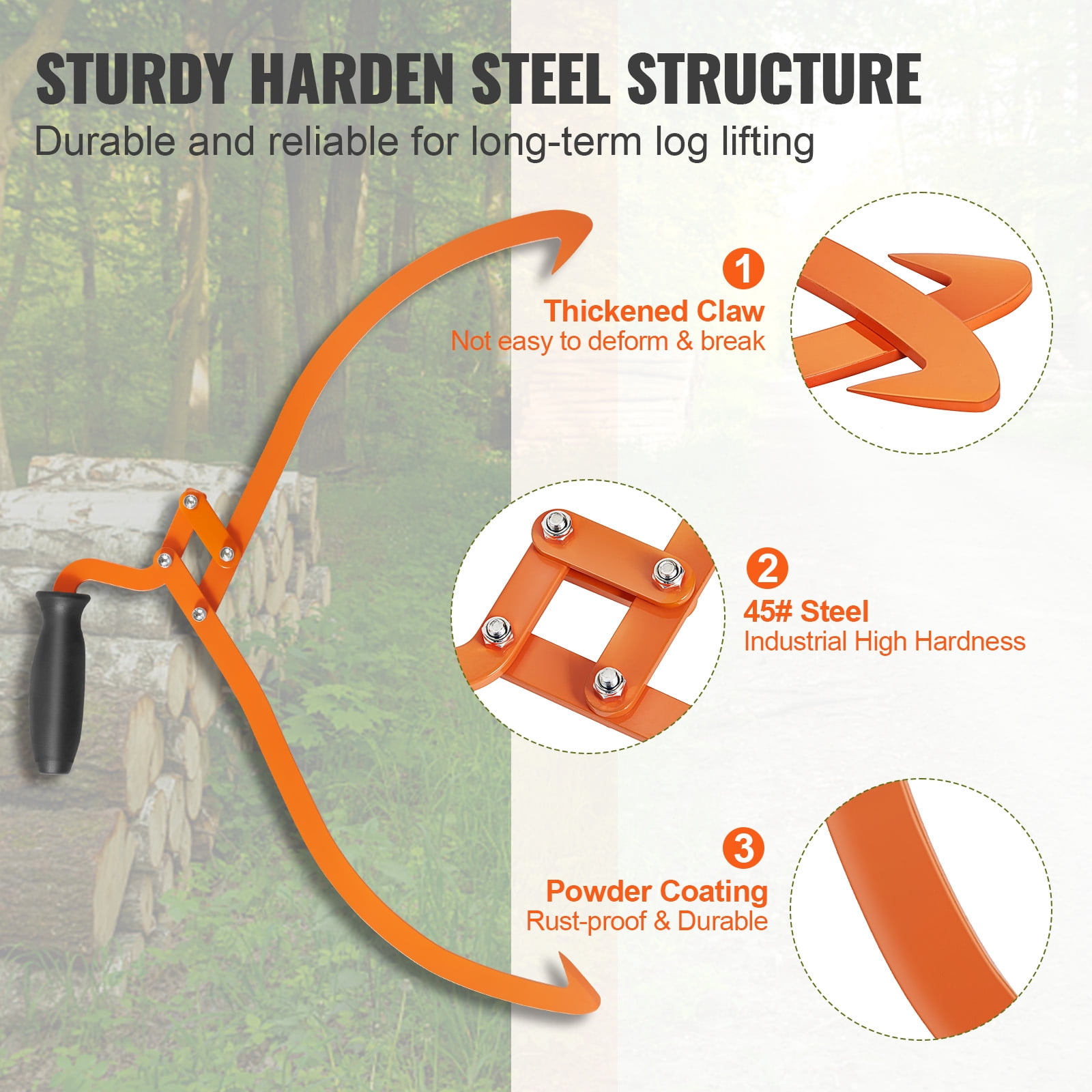 KFFKFF Log Tongs, Steel Hand Log Grapple with 110 lbs Loading Capacity, Log Lifting, Handling, Dragging & Carrying Tool,20 inch 2 Claw Logging Skidding Tongs Non-Slip Grip