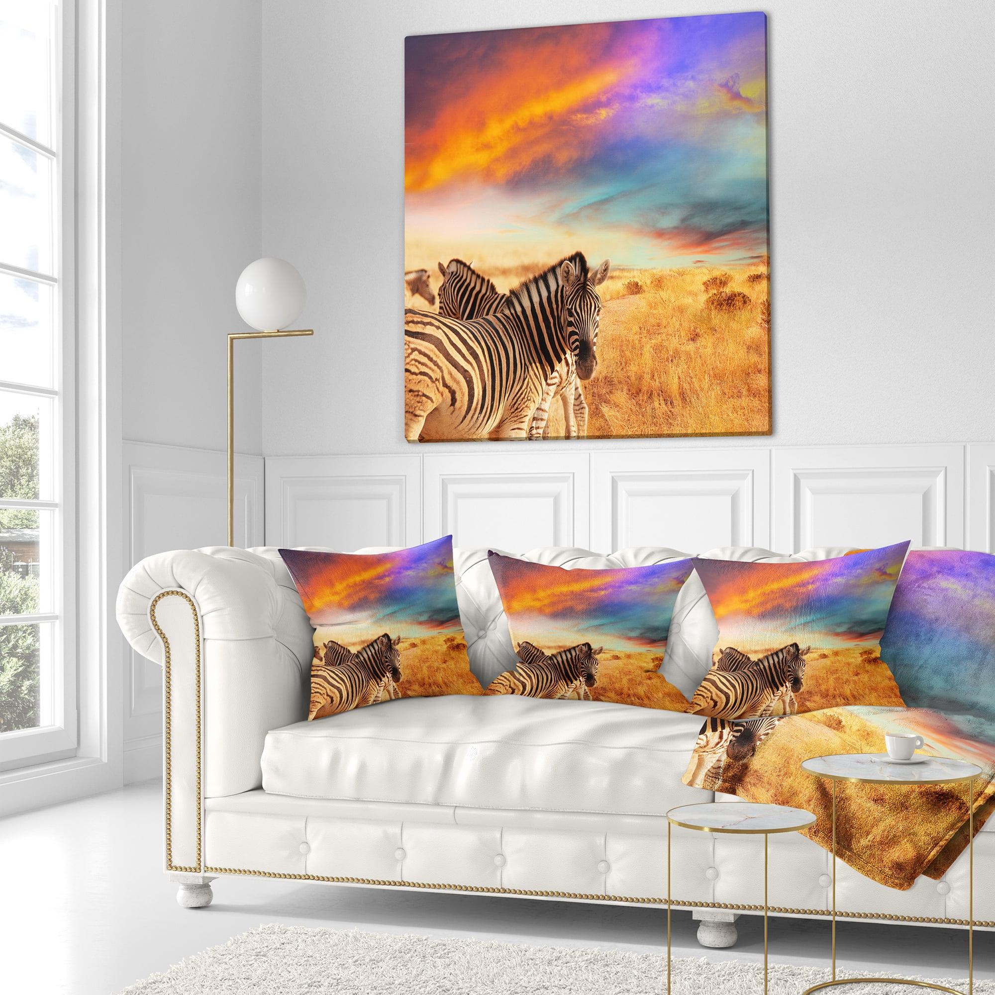 Designart Zebras in Bush under Colorful Sky - African Throw Pillow - 16x16
