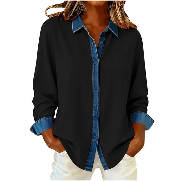 Maplenight Denim Patchwork Shirts for Women Business Casual Tops Long Sleeve Button Down Shirts Color Block Lapel Dressy Blouses