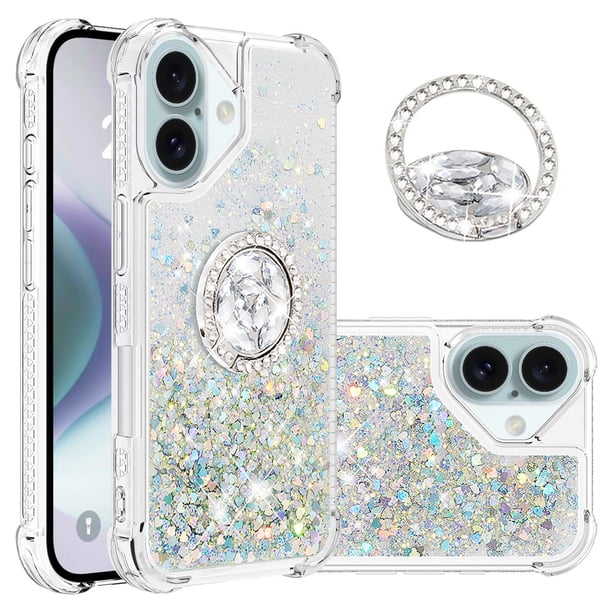 Funda para iPhone 16 Plus con Brillo Líquido Flotante, Purpurina, Parachoques y Anillo Giratorio Soporte