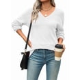 thumbnail image 2 of Womens 2025 Fall Casual Long Sleeve Ribbed Knit V Neck Light-Weight Crochet Pullover Sweater White M, 2 of 7
