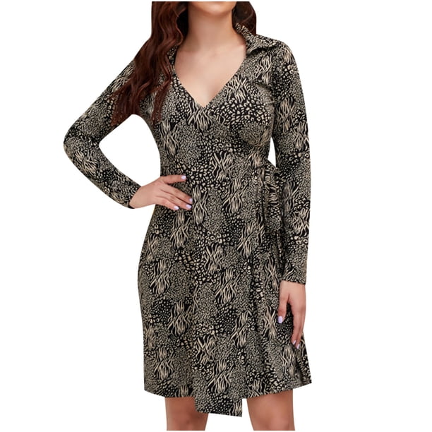 Cárdigan con estampado de punto y cuello de traje informal a la moda para mujer, vestido de té francés con cordones, vestido de manga larga con solapa y rodilla Fridja yut6998