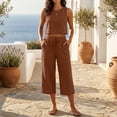 thumbnail image 2 of Women's 2-Piece Linen-Look Lounge Set, Sleeveless Crop Top with High Waist Drawstring Capri Pants, Summer Casual Beach Vacation Outfit Coffee L, 2 of 7