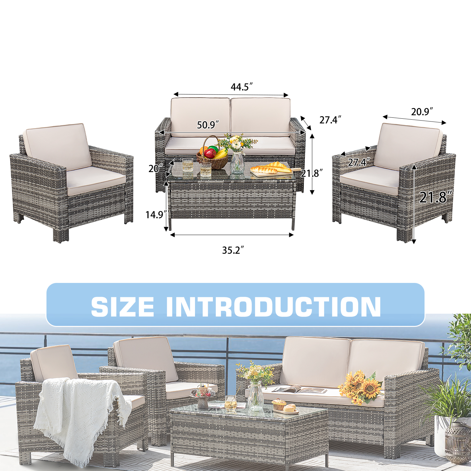 Lacoo 4 Pieces Outdoor Wicker Patio Conversation Set with Cushions, Gray/Beige - image 3 of 6
