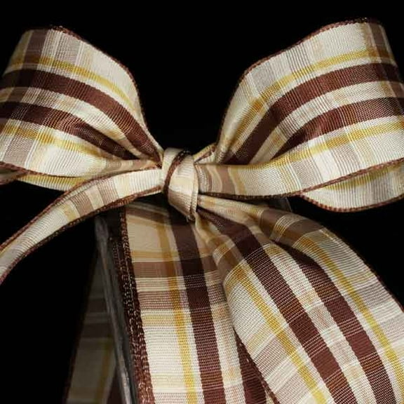 The Ribbon People Ivory and Brown Woven Narrow Plaid Wired Craft Ribbon 1.5" x 22 Yards