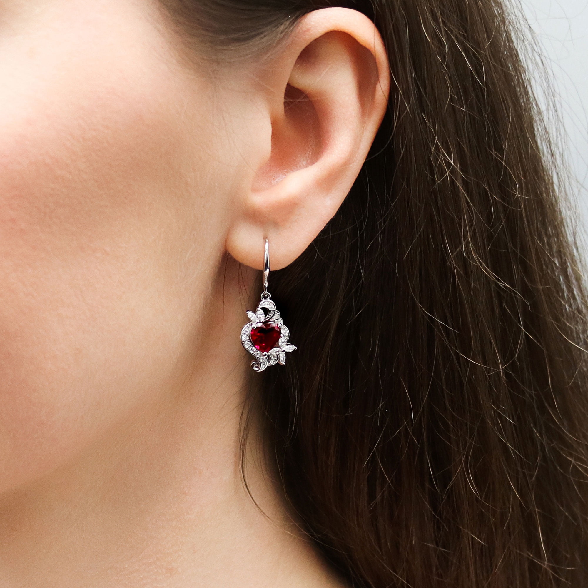 BERRICLE Sterling Silver Heart Cubic Zirconia CZ Flower Fashion Fish Hook Dangle Drop Earrings for Women, Rhodium Plated, Ruby Color