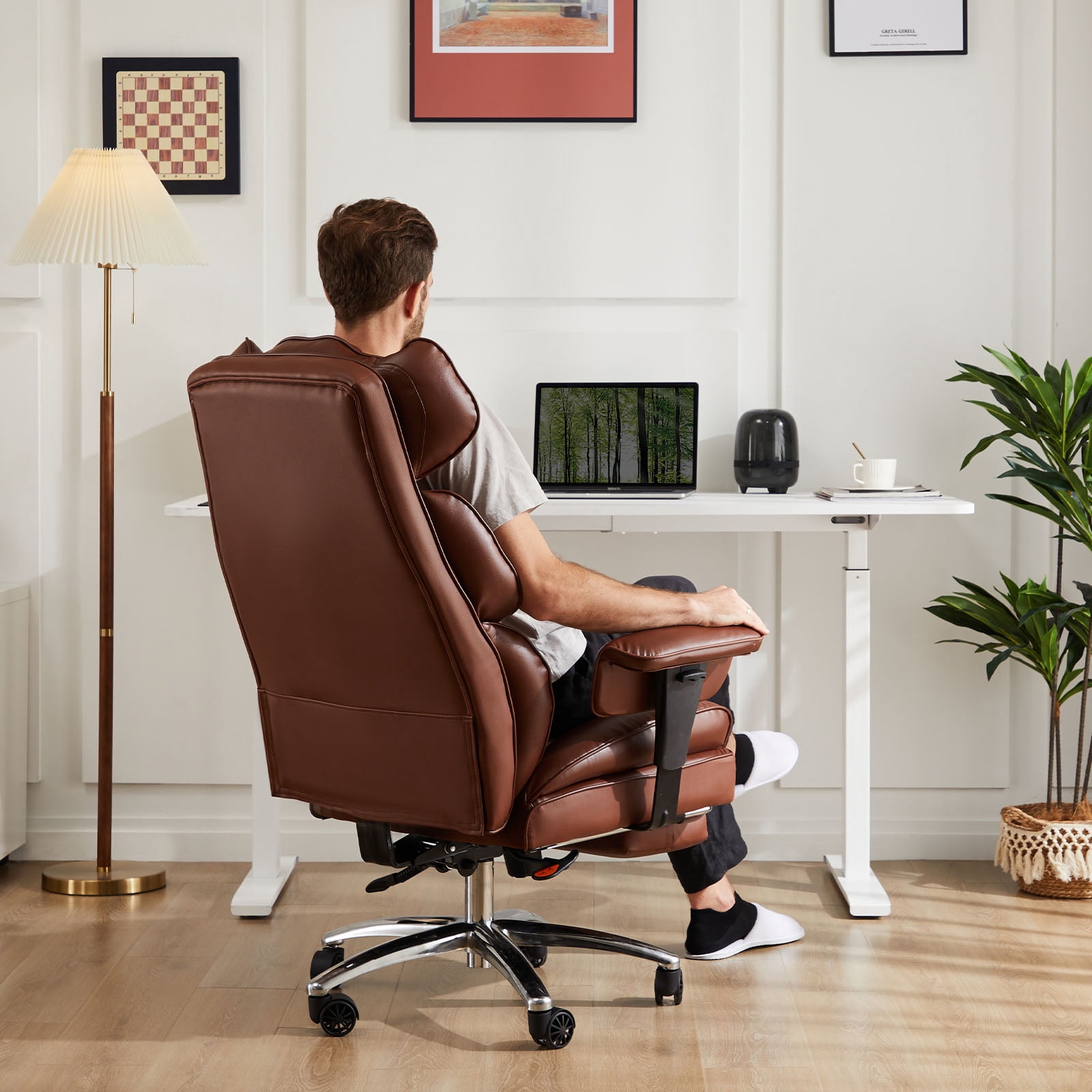 GIANNA Executive Home Office Desk Chair Ergonomic Big Tall High Back with Footrest & Lumbar Support, Reclining Height Adjustable Comfy PU Leather Computer Gaming with Swivel Wheels, Brown