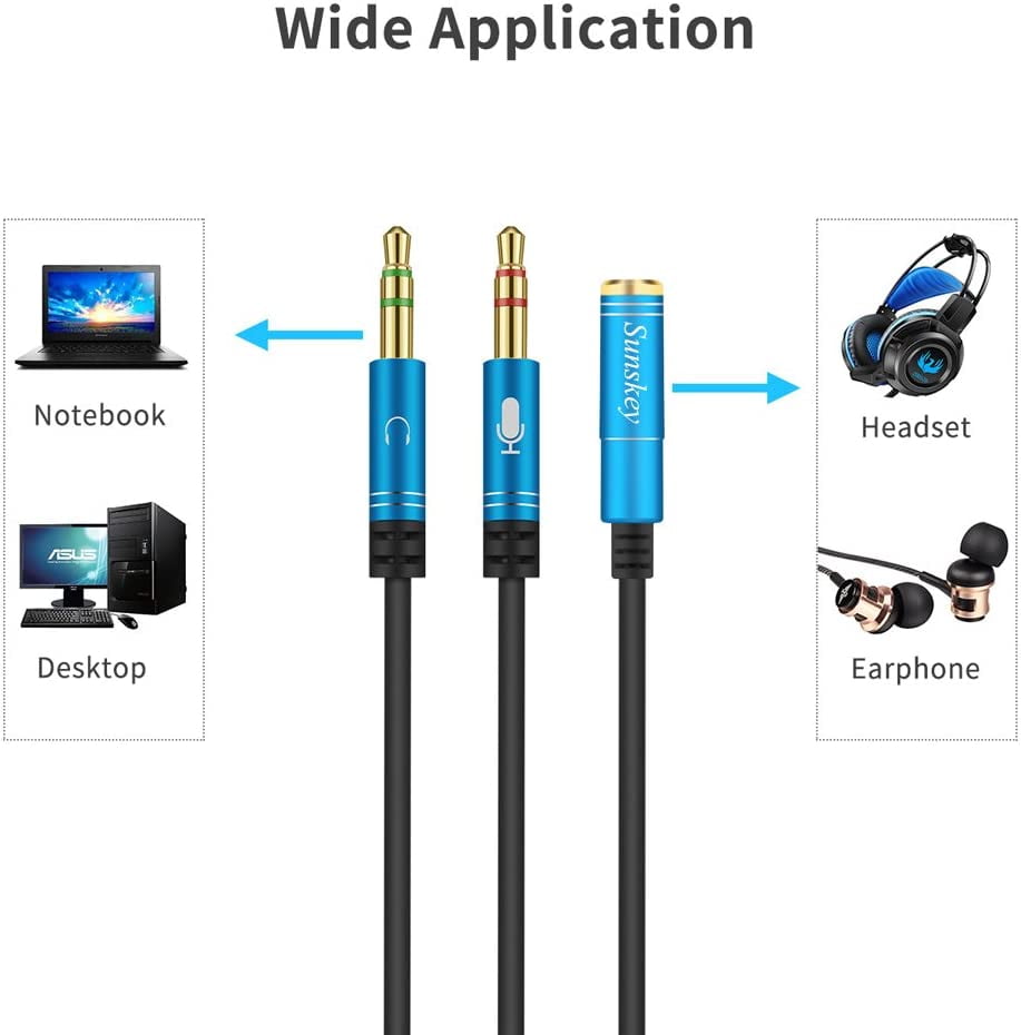 3.5mm Headset Splitter 1ft, Sunskey Headphone Adapter CTIA 2 Male to