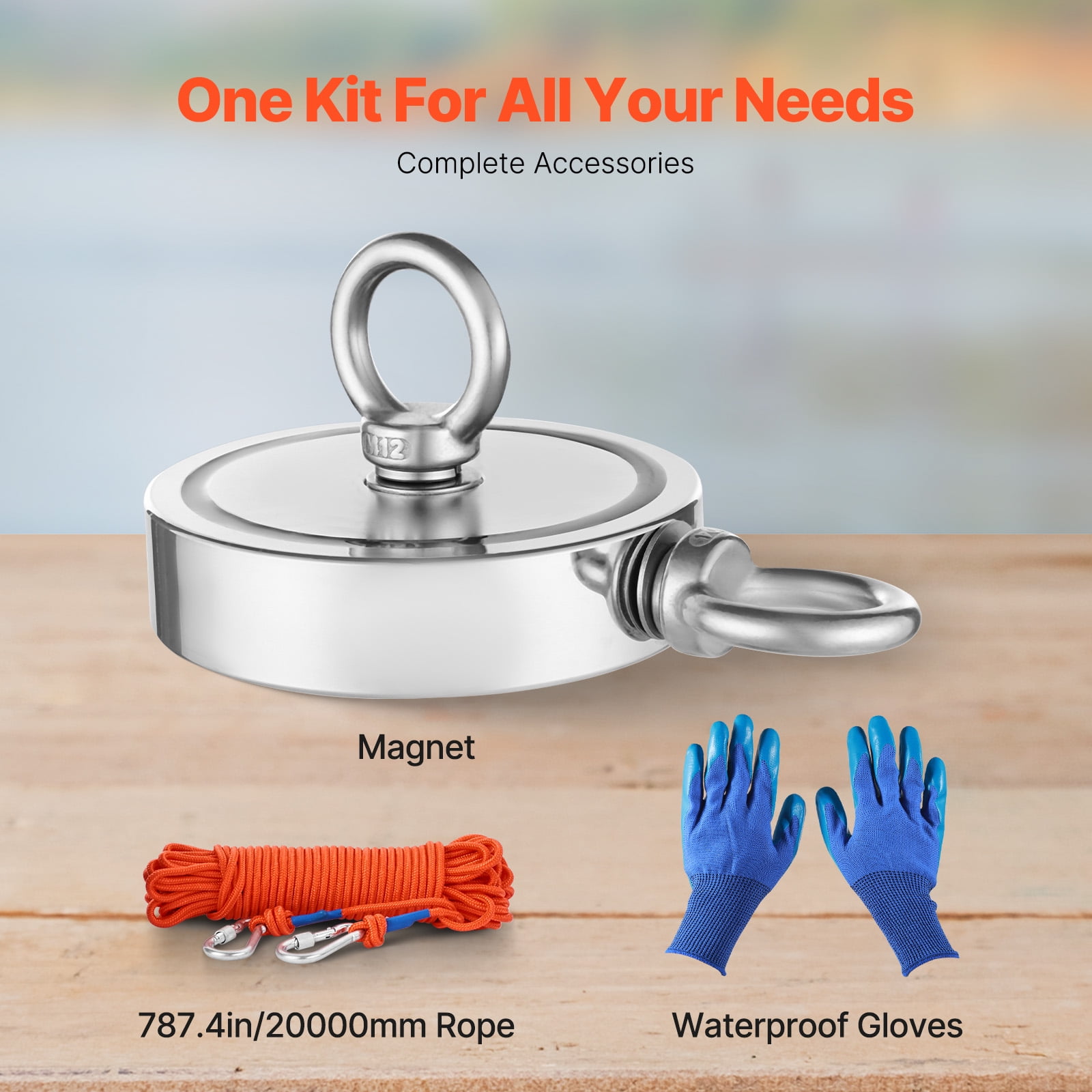 VEVOR Magnet Fishing Kit, 2000 LBS/907 Kg Double-Sided Pulling Force Strong Magnet Fishing Kit, Rare Earth Neodymium Magnetic Fishing Kit Includes Grappling Hook, Heavy Duty Rope, Gloves and Eyebolt
