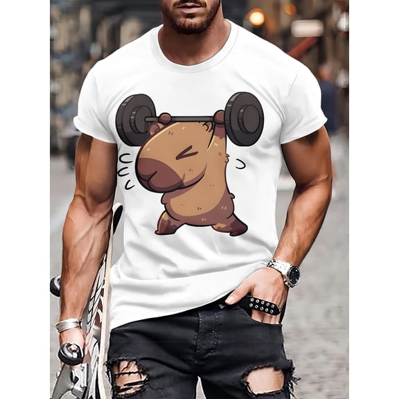 Men's 3D Capybara Print T-Shirt - Dark Brown Casual Short Sleeve, Breathable Polyester, Lightweight & Comfortable, Fashionable Round Neck Tee for Casual Attire