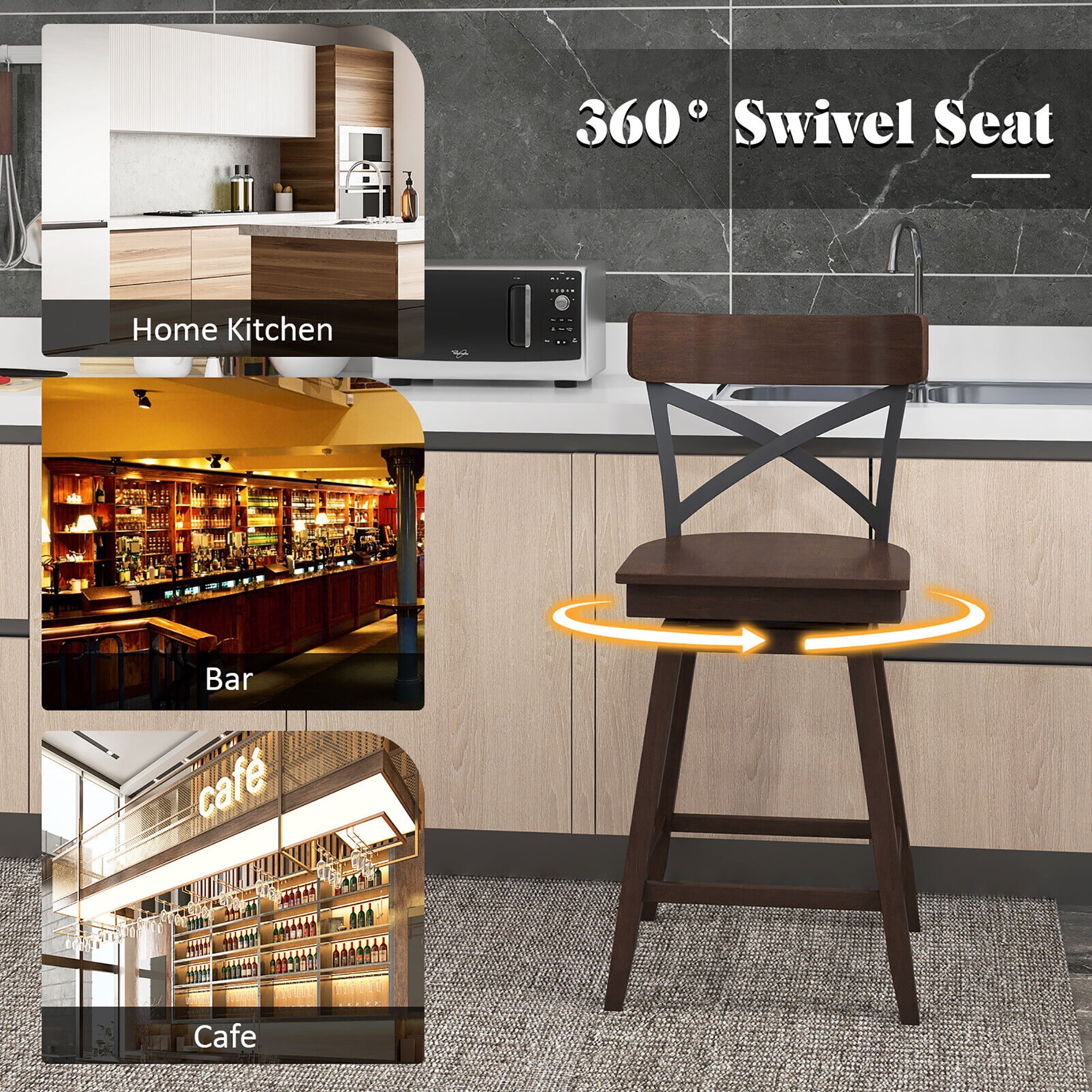 Gymax Set of 4 Wooden Swivel Bar Stools Counter Height Kitchen Chairs w/ Back Brown
