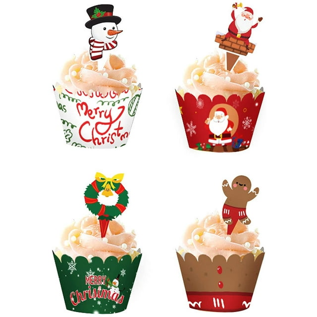 48 piezas de adornos navideños para cupcakes, kit de envoltorios navideños para cupcakes, decoración de cupcakes, decoración de pasteles de Navidad