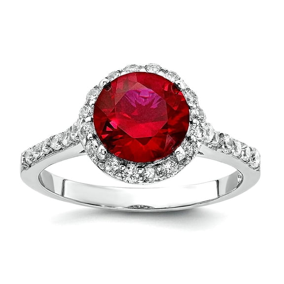 10.4mm 925 Sterling Silver Rhodium Plated Lab Created Ruby Cubic Zirconia Round Halo Ring Size 5 Ring for Women