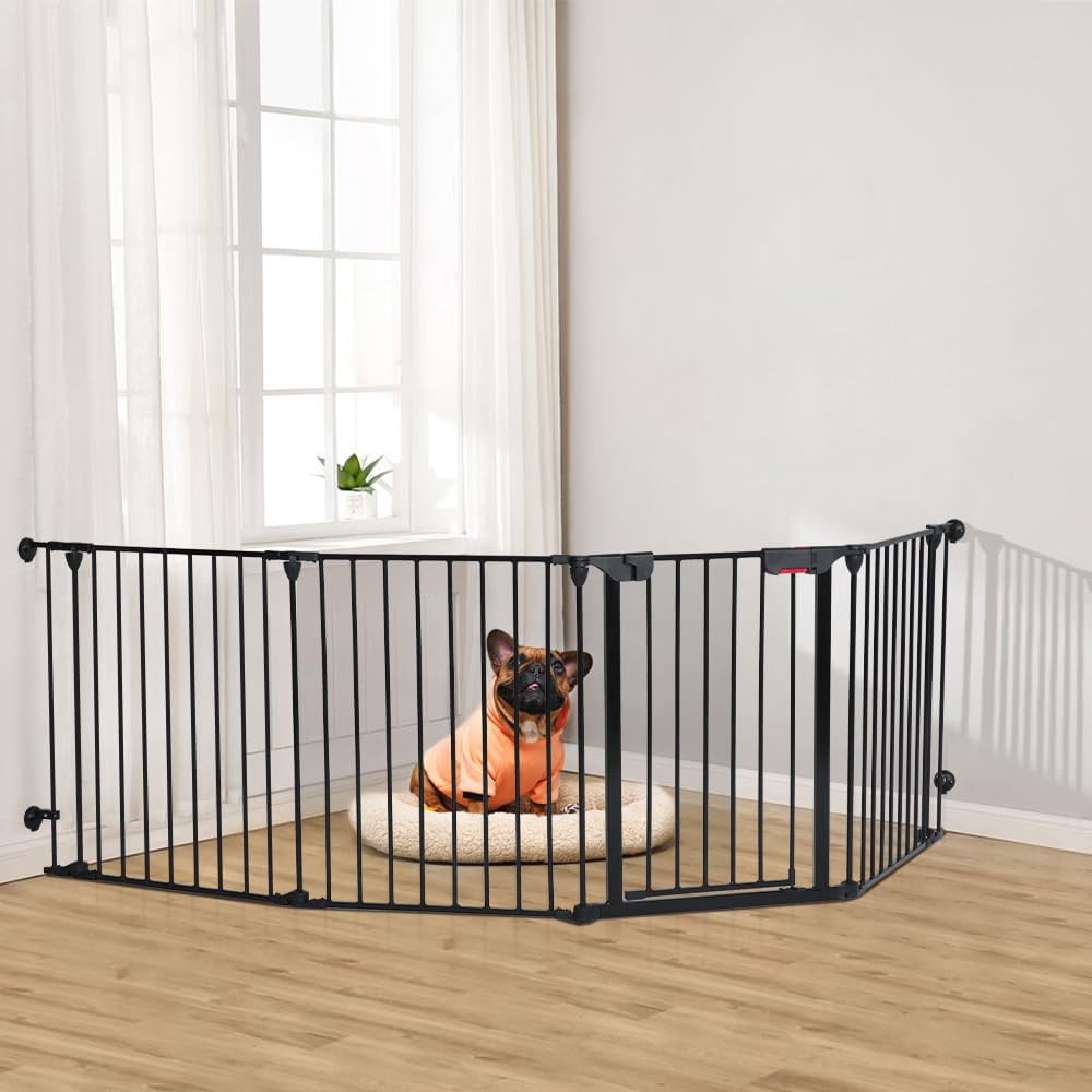 LUCKUP Freestanding Dog Gates with Door Walk Through, Extra Wide Doggy Door 100" W x 29" H Pet Gate Safty 4 Panels Dog Fence for Stairs, Doorways