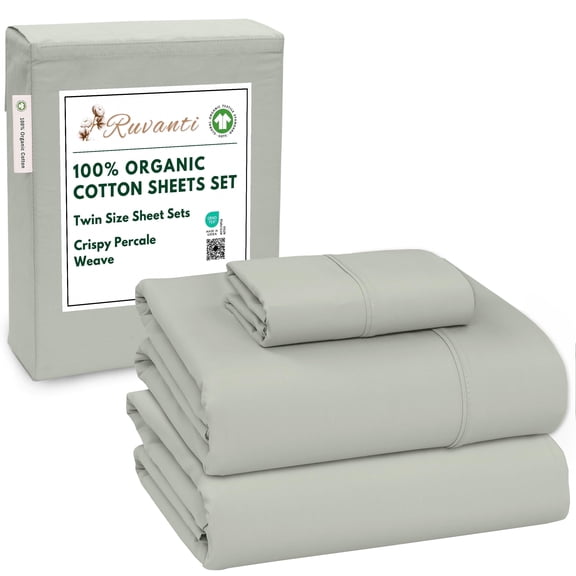 RUVANTI 100% Organic Cotton Sheets - Twin Sheet Set - 3 Piece Percale Weave Bedding, Crisp, Cooling & Breathable, Soft & Durable, 16" Deep Pocket, Hotel Quality Sábanas - Mineral Gray