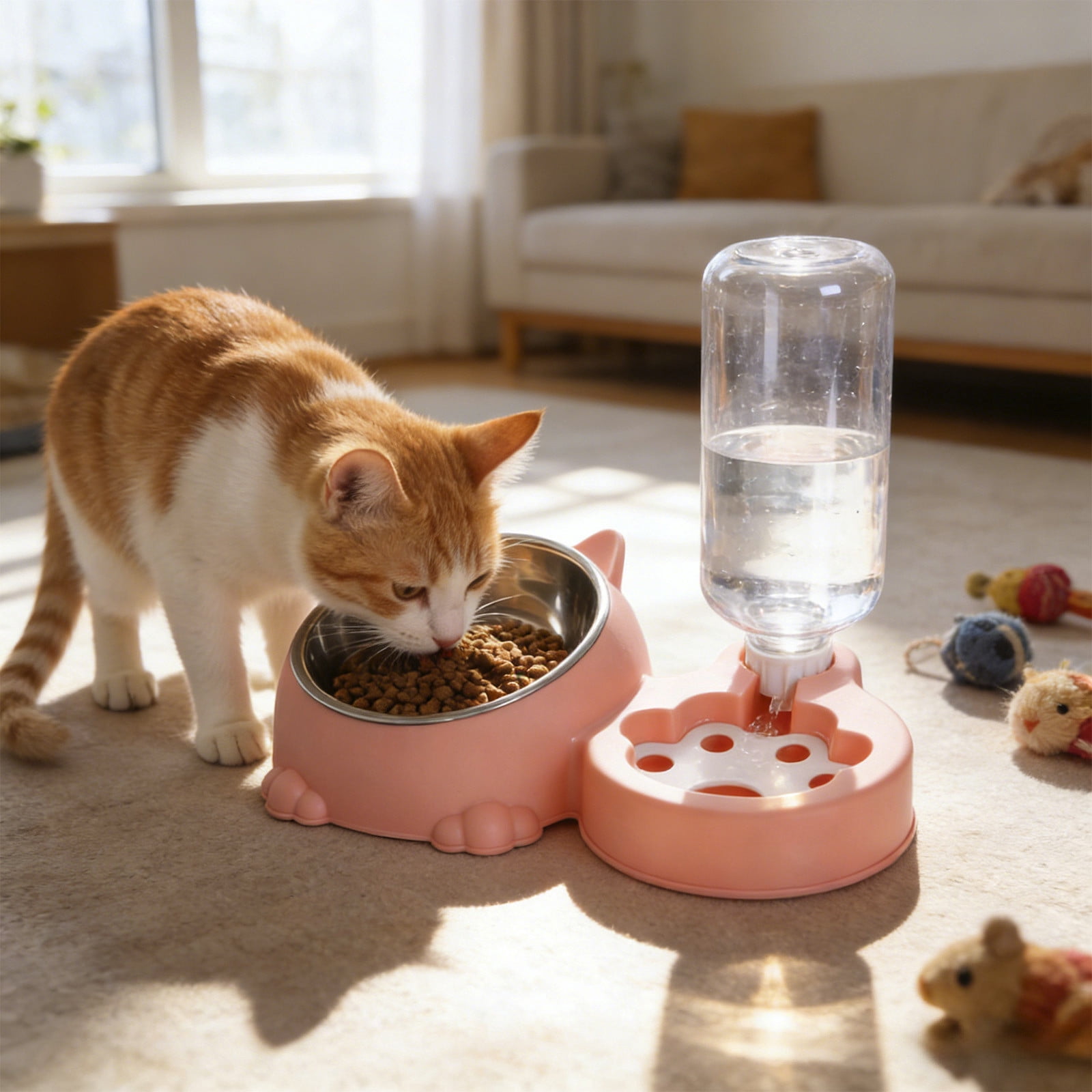 Pink Pet Water And Food Dispenser Pink Stainless Steel Removable Bowl For Cats Dogs Automatic Feeder