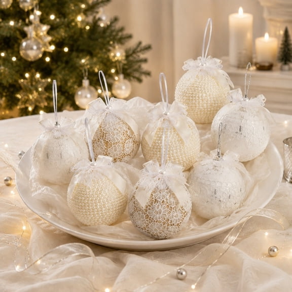 Ornament Ball Lace Pearl Decorative Hanging Bauble With Ribbon For Christmas Tree Decoration