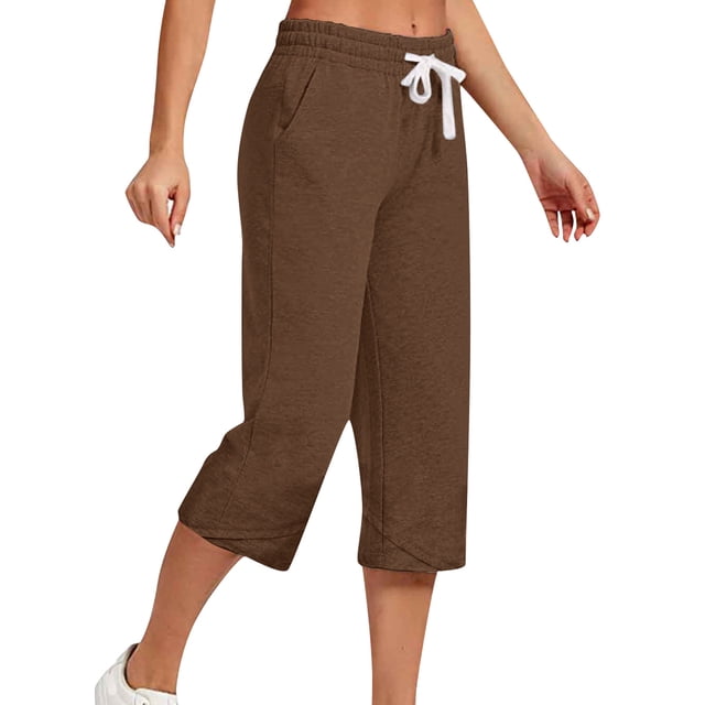 Innerwin Women's High Waist Straight Leg Loose Fit Capri Pants, Brown, Size M