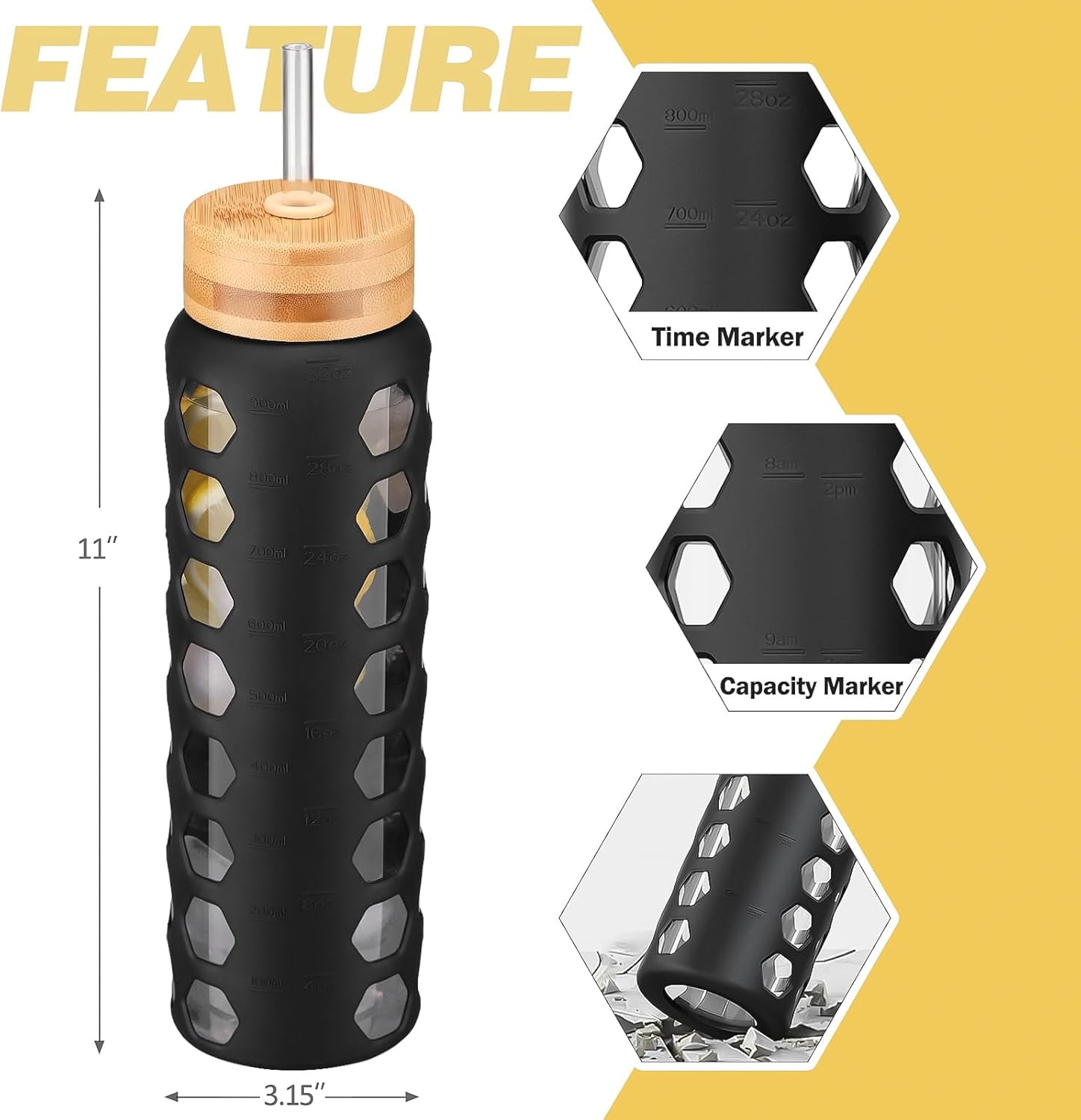 MUKOKO 32oz Glass Water Bottle, Glass Reusable Bottle with Silicone Sleeve  and Straw, 1 Cup 2 Lids, Black - Walmart Business Supplies