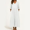 thumbnail image 2 of YDDIAN Women's Summer 3/4 Sleeve Solid Maxi Dress Plus Size V-Neck Loose Fit Dresses Fall Dressy Fashion Midi Dress with Pockets White XXL, 2 of 3