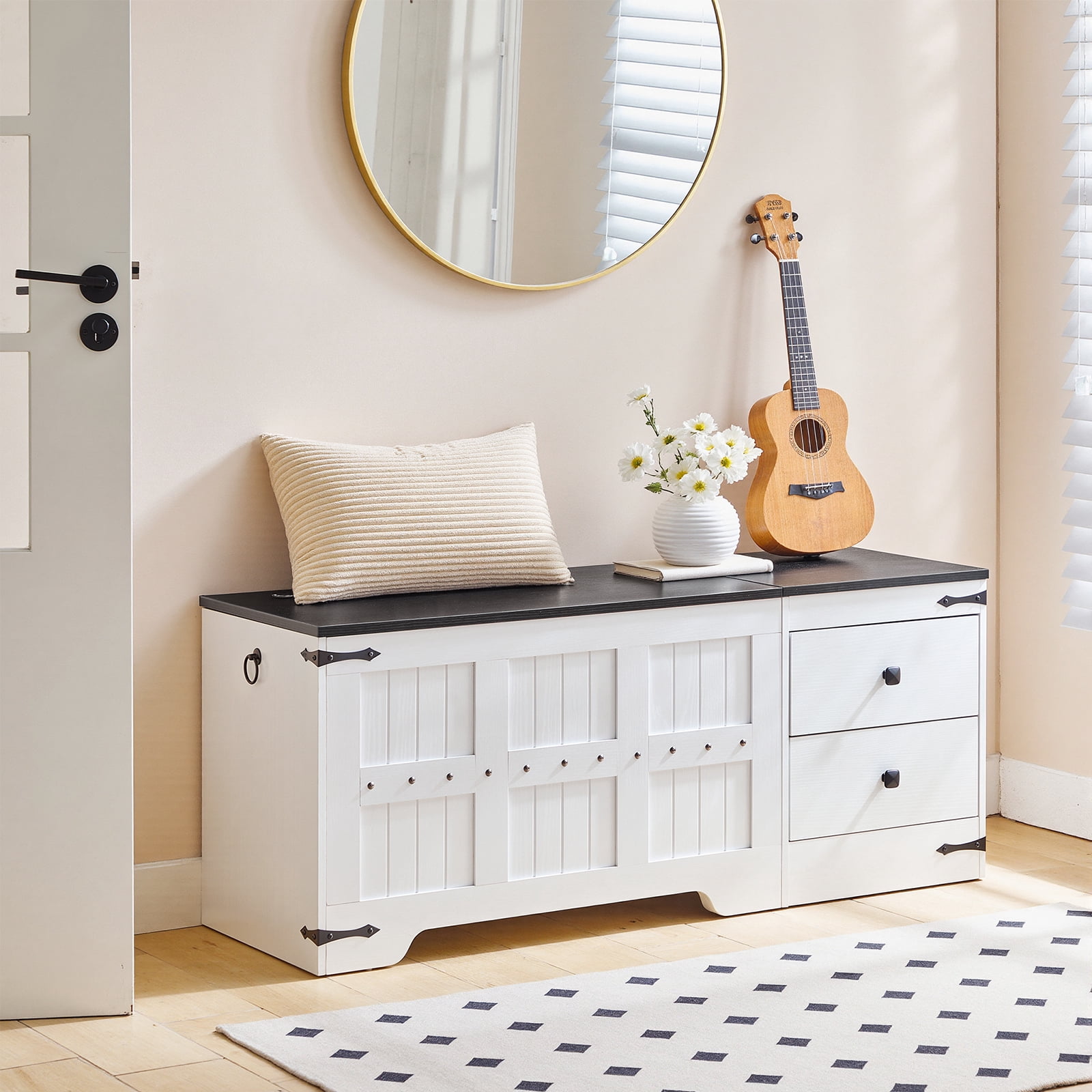 HOOBRO Wooden Toy Storage Bench and Chest, Dual Drawers, Safe Hinge, Extra-Long Thick Top, Easy Assembly, Multipurpose Storage Organizer Trunk, for Living Room, Bedroom, White and Black WB212CW01