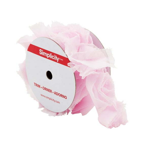 Simplicity Trim, Pink 2 inch Large Ribbon Rose Trim Great for Apparel, Home Decorating, and Crafts, 1 Yard, 1 Each