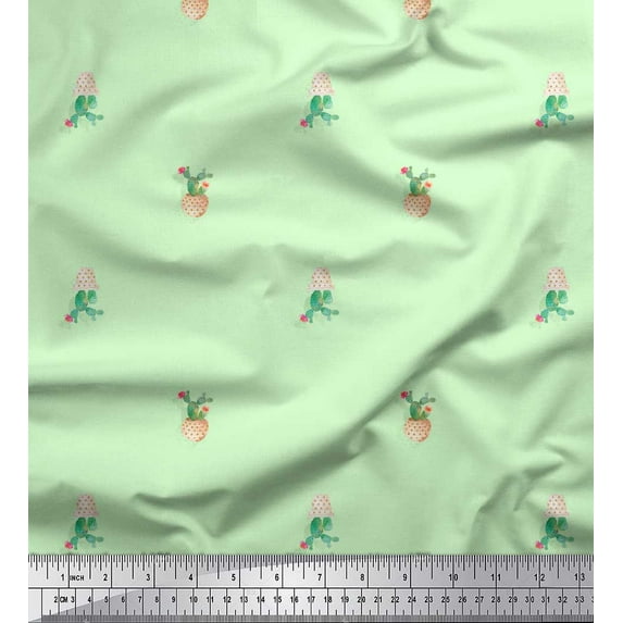 Soimoi Green Rayon Fabric Cactus With Conical Pot Tree Decor Fabric Printed Yard 56 Inch Wide