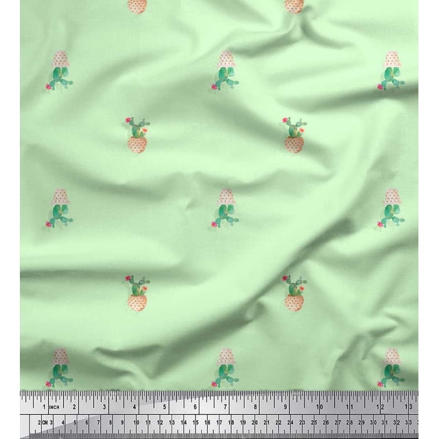 Soimoi Green Heavy Satin Fabric Cactus With Conical Pot Tree Printed Fabric 1 Yard 54 Inch Wide