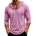 thumbnail image 2 of Mens Thin 3/4 Sleeve V Neck Hoodie Shirts Drawstring Hooded Pullover Loose Fit Beach Athletic Casual Sweatshirt Pink XL, 2 of 7