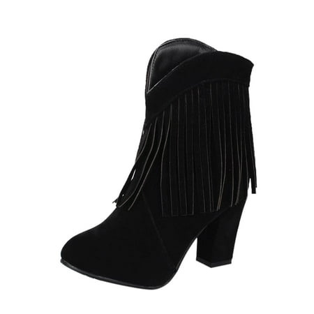 

iOPQO Women s Ankle Boots Women s Fashion Fringe Boots Solid Color Frosted Thick High Heel Ankle Boots tassel boots solid color Black 39