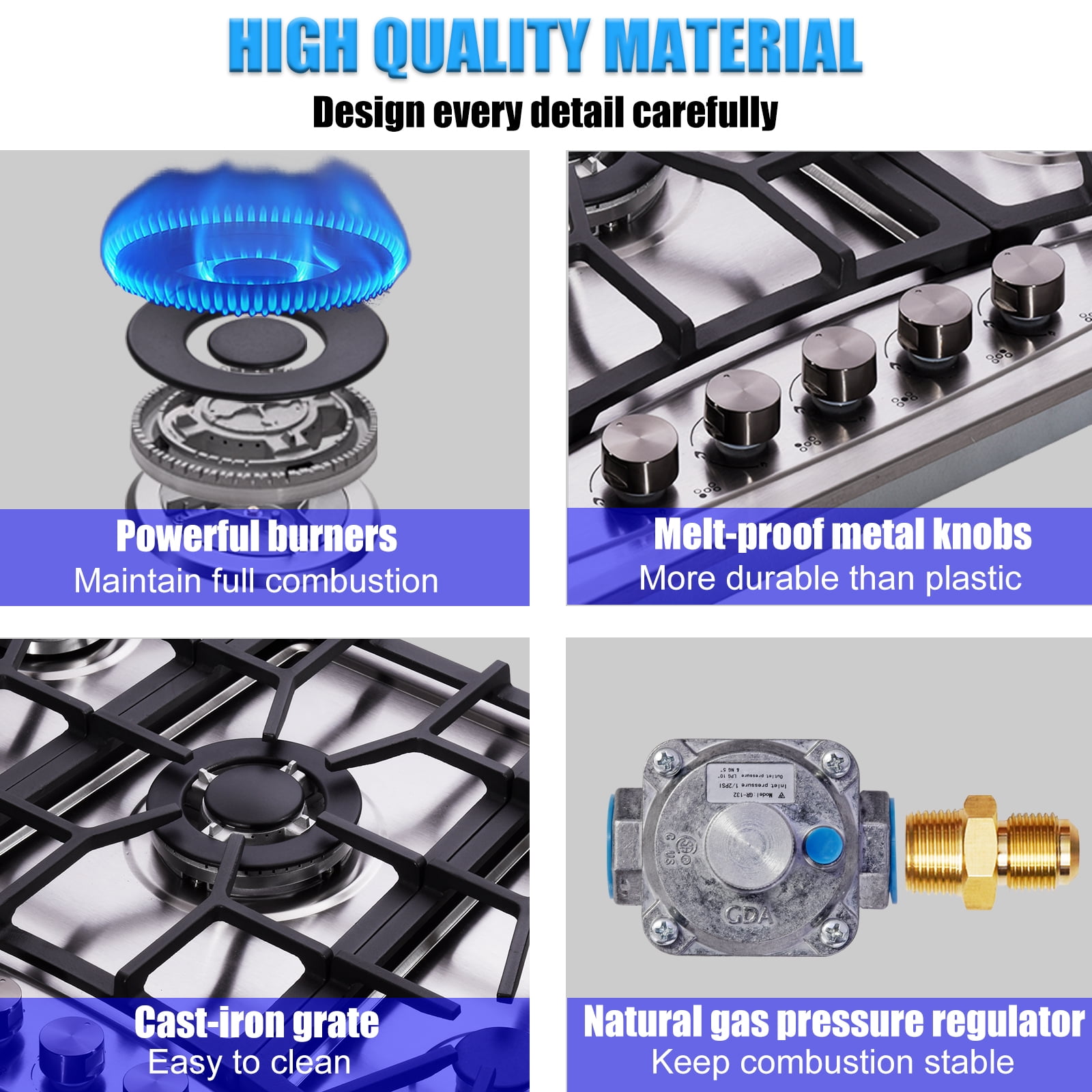 Hothit Propane Gas Cooktop 30" Inch, 5 Burner Built-in Stainless Steel Gas Stove Top, LPG/NG Dual Fuel Auto Ignition Gas Hob, Include Gas Pressure Regulator(L30"×W20")