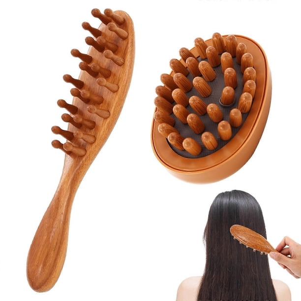 Cepillo para rastas de 2 piezas con mango largo, peine de madera para rastas y cepillo de masaje neumático para el cuero cabelludo.