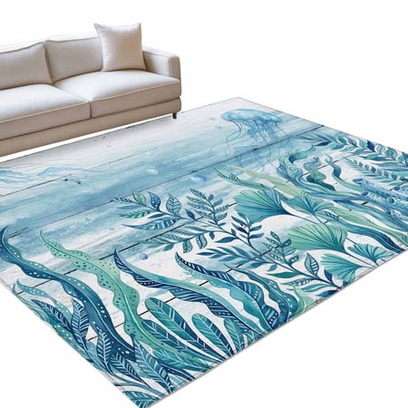 Blue Summer Ocean 2.7x5ft Non Slip Area Rug Jellyfish Seaweed Coastal Wood Grain Washable Soft Area Rugs for Living Room Indoor Circle Carpet for Bedroom Dining Room Kitchen