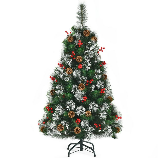 Topbuy Hivernal Réaliste Arbre de Noël 4FT Décoratif Arbre de Noël W / Pommes de Pin & Grappes de Baies Rouges