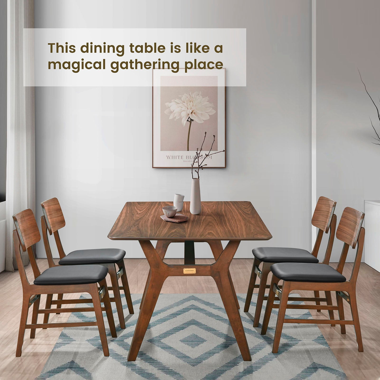 CONSDAN Dining Table for 4-8, Table Only, 71x35 Extra Large, Rectangular Shape, Walnut Veneer Top, Solid Wood Frame, Softly Curved Edges, Elegant Look