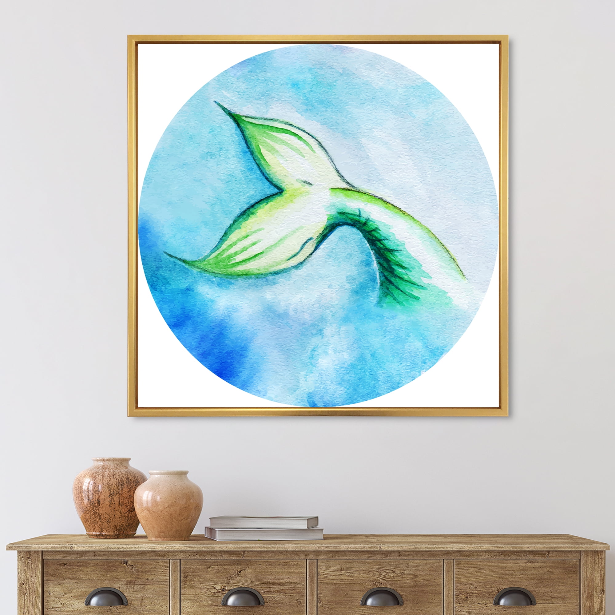 Designart 'Mermaid Green Fish Tail' Nautical & Coastal Framed Canvas Wall Art Print