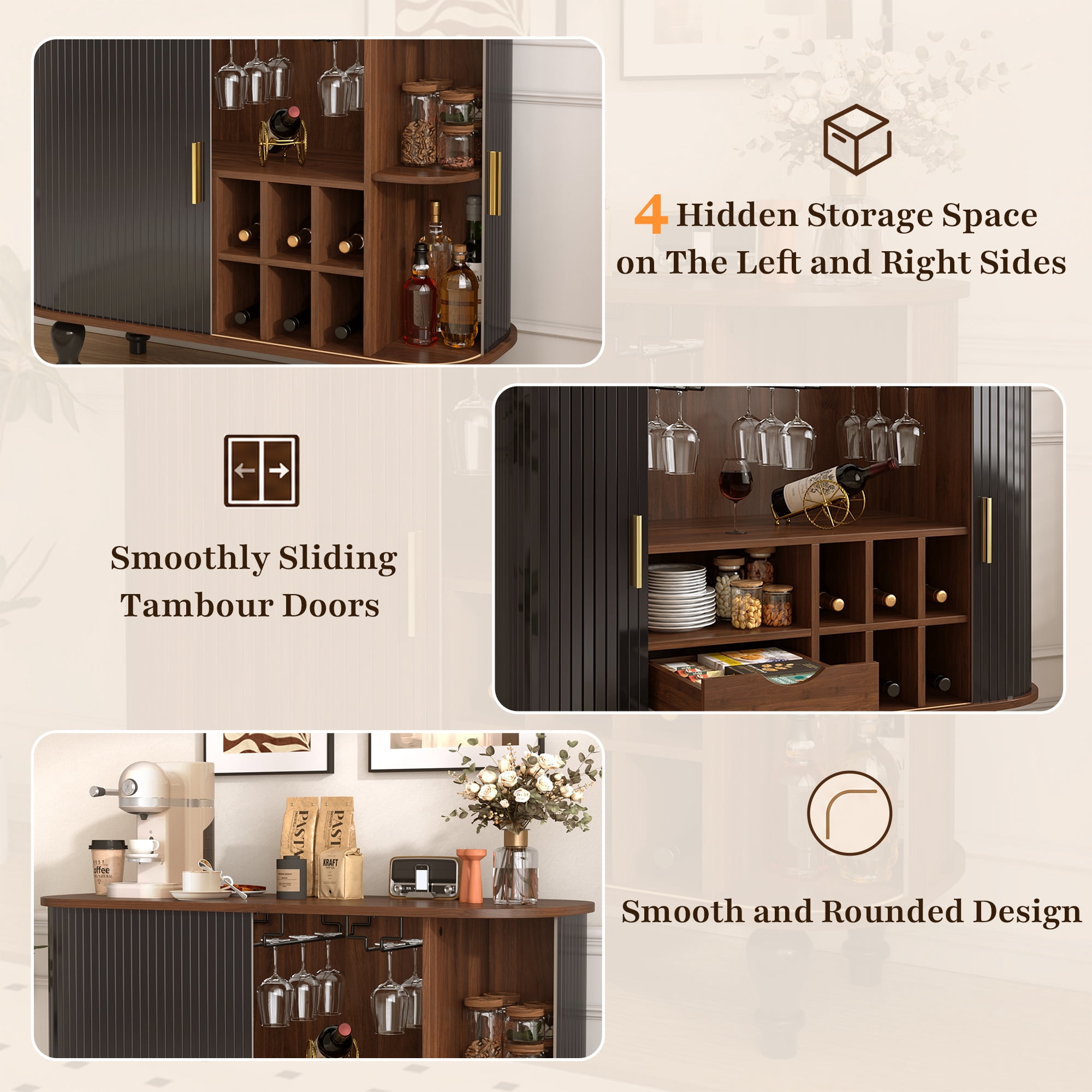 Fluted Bar Cabinet with Wine Rack & Glass Holders,39" Mid-Century Modern Liquor Coffee Station, Large Drawer, 4 Hidden Side Compartments, Sliding Tambour Doors