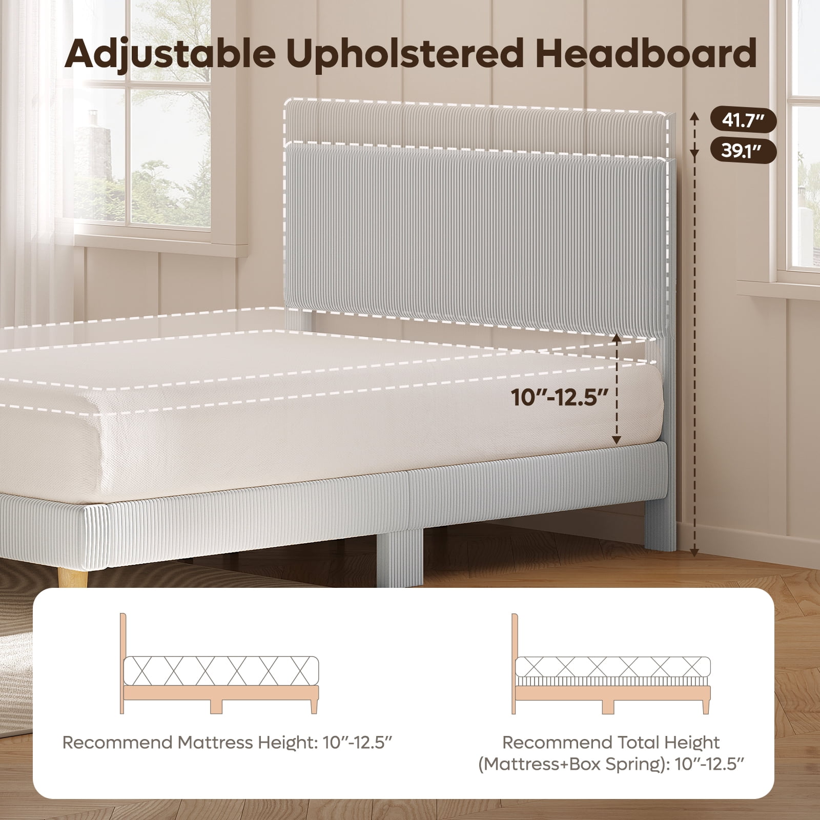Bestier Corduroy Upholstered Queen Bed Frame with Adjustable Headboard, Platform Bed Frame with LED Light, Solid Wood Slats, No Box Spring Needed, Gray